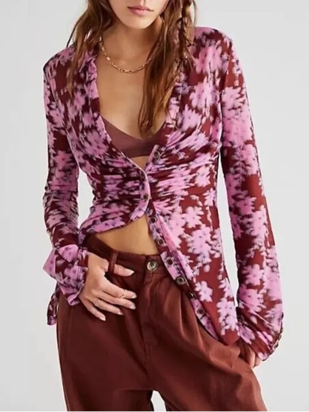 Free People Lucky Shirtee Sheer Button Down Top Tunic Retro Y2K 70s Vibes